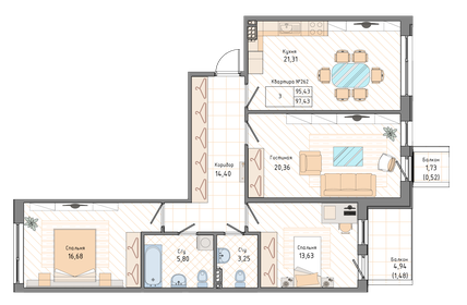 Квартира 97,4 м², 3-комнатная - изображение 1