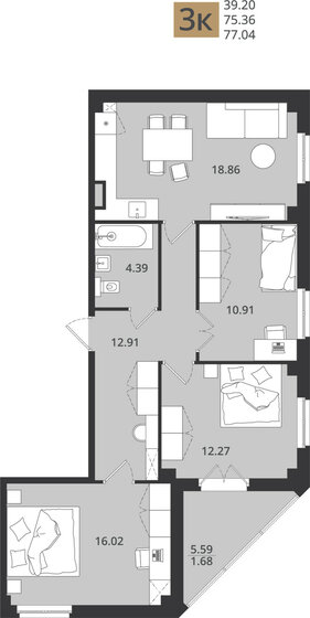 77 м², 3-комнатная квартира 9 731 368 ₽ - изображение 1