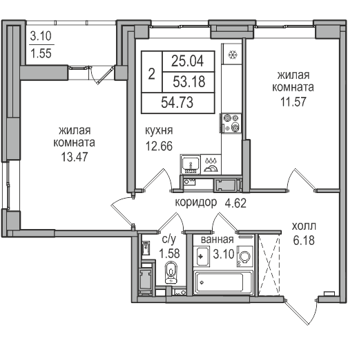 53,2 м², 2-комнатная квартира 10 989 784 ₽ - изображение 1