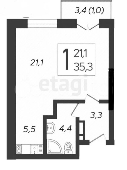 35,3 м², 1-комнатная квартира 12 500 000 ₽ - изображение 1