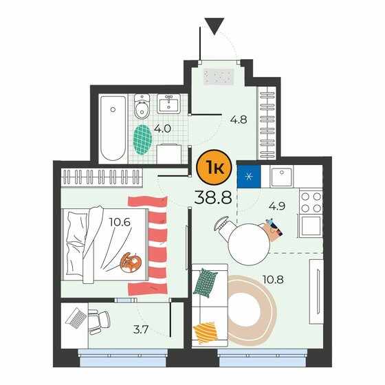 38,8 м², 1-комнатная квартира 6 268 000 ₽ - изображение 1