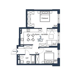 Квартира 59,2 м², 3-комнатная - изображение 1