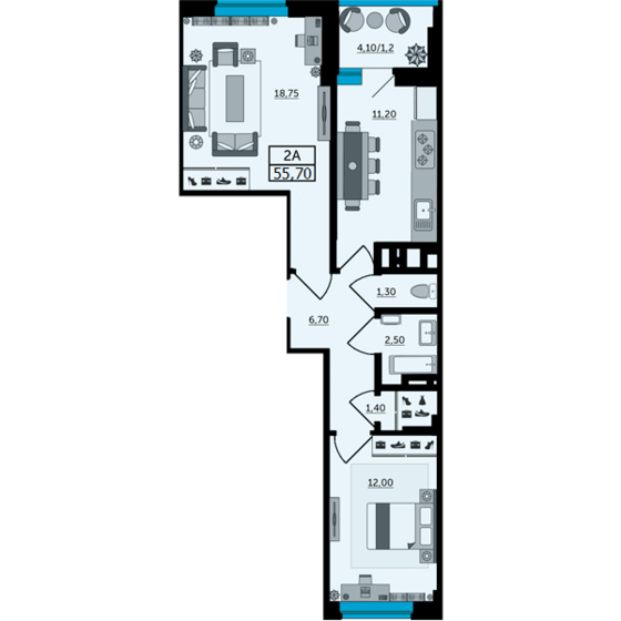 56,6 м², 2-комнатная квартира 7 581 000 ₽ - изображение 1