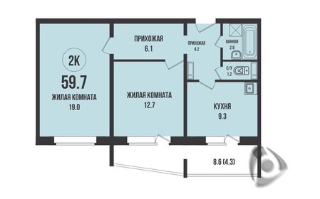 Квартира 59,7 м², 2-комнатная - изображение 1