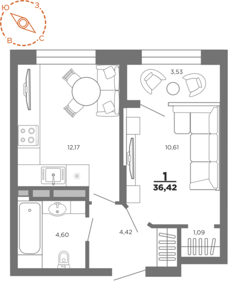 36,4 м², 1-комнатная квартира 5 468 018 ₽ - изображение 1
