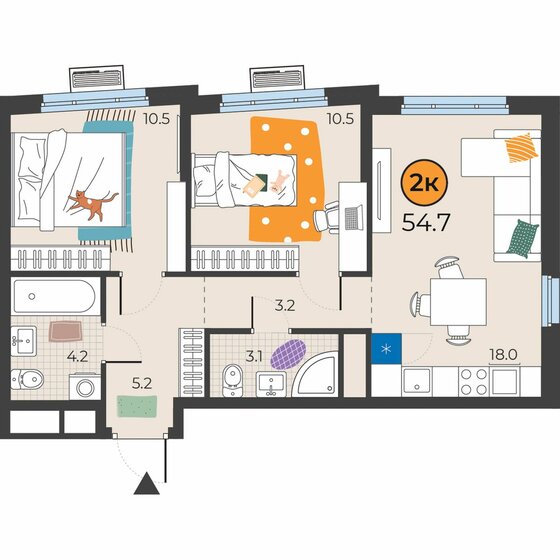 54,7 м², 2-комнатная квартира 7 402 299 ₽ - изображение 1