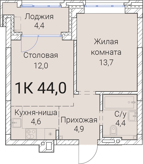 44 м², 1-комнатная квартира 8 401 800 ₽ - изображение 1