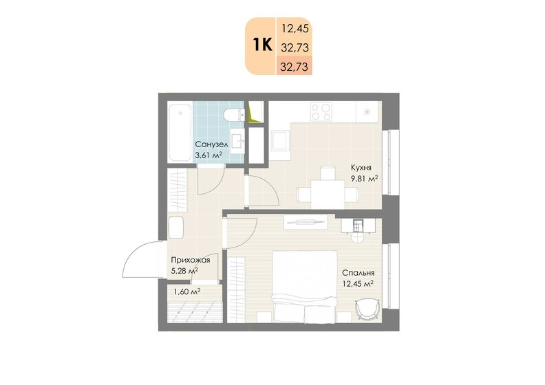 32,7 м², 1-комнатная квартира 7 540 992 ₽ - изображение 1