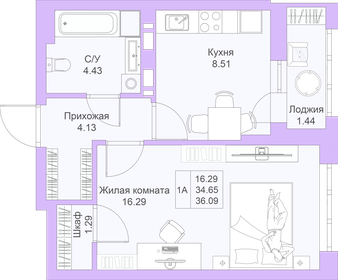 Квартира 36,1 м², 1-комнатная - изображение 1