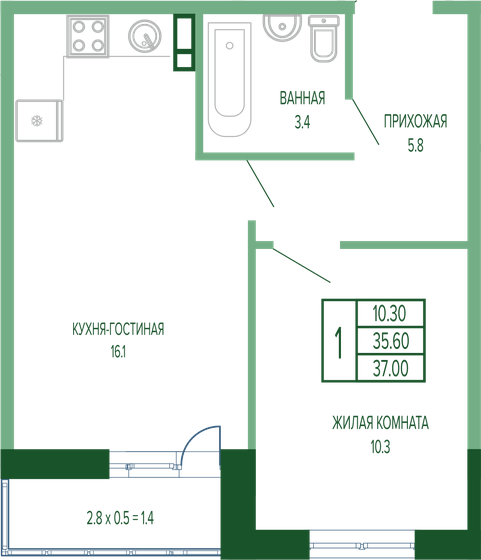 37 м², 1-комнатная квартира 7 622 000 ₽ - изображение 1