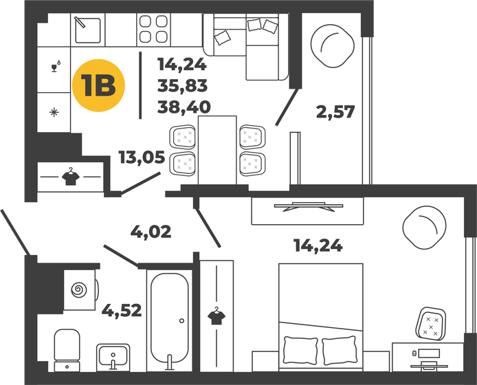 38,4 м², 1-комнатная квартира 3 786 240 ₽ - изображение 1