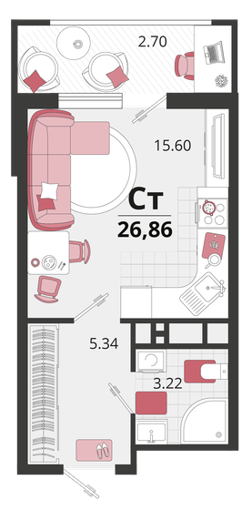 26,9 м², 1-комнатная квартира 4 619 920 ₽ - изображение 1