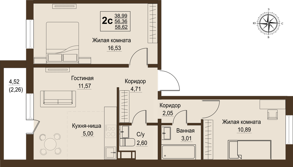 56,4 м², 3-комнатная квартира 5 720 540 ₽ - изображение 1