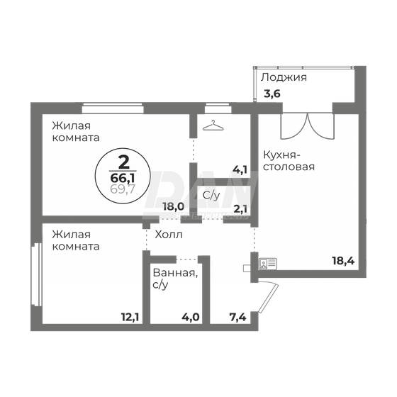 66,1 м², 2-комнатная квартира 10 950 000 ₽ - изображение 1