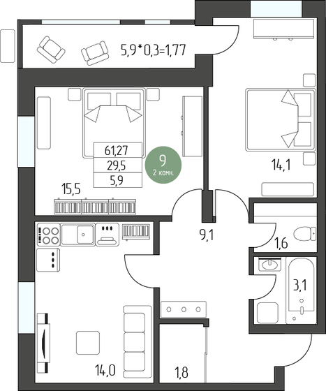 65,4 м², 2-комнатная квартира 7 474 940 ₽ - изображение 1