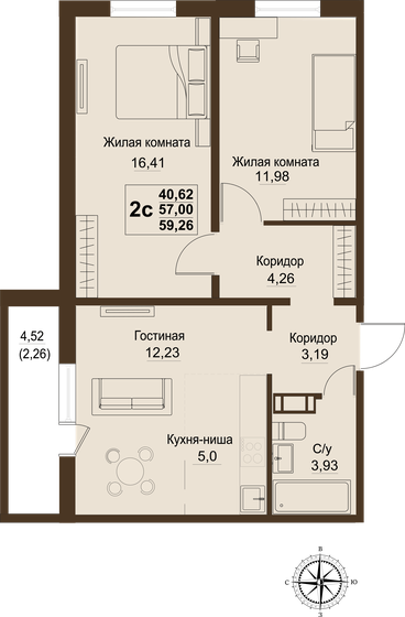 57 м², 3-комнатная квартира 5 785 500 ₽ - изображение 1
