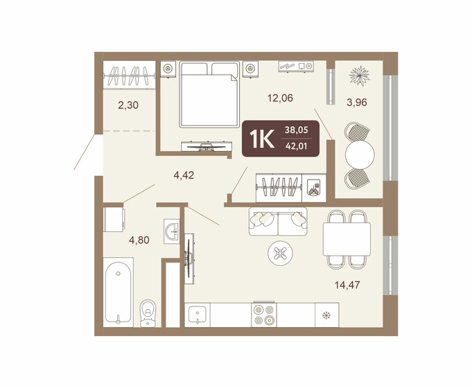 42 м², 1-комнатная квартира 4 700 000 ₽ - изображение 1