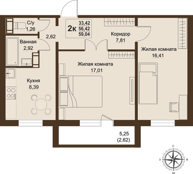 56,4 м², 2-комнатная квартира 5 670 210 ₽ - изображение 1