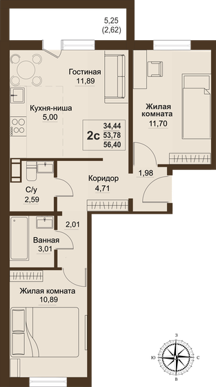 53,8 м², 3-комнатная квартира 5 458 670 ₽ - изображение 1