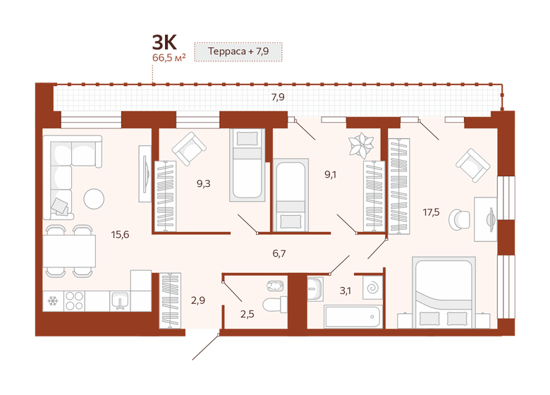 66,5 м², 3-комнатная квартира 9 125 000 ₽ - изображение 1