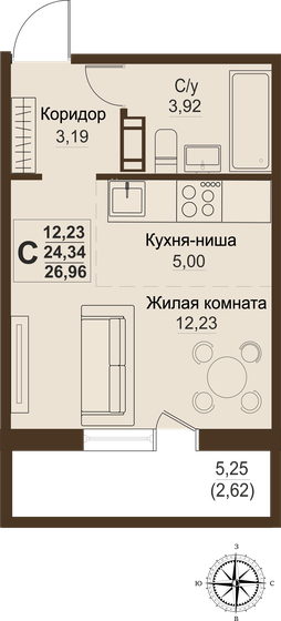 24,3 м², 1-комнатная квартира 2 665 230 ₽ - изображение 1