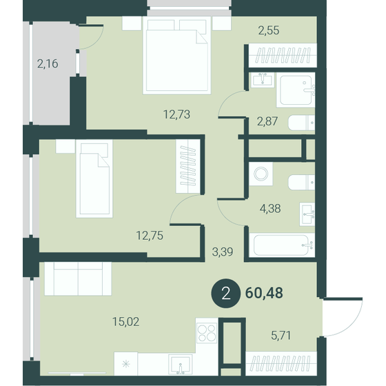 60,5 м², 2-комнатная квартира 7 330 000 ₽ - изображение 1