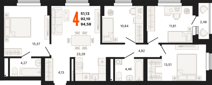 Квартира 94,6 м², 4-комнатная - изображение 1