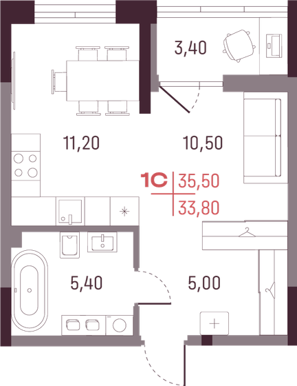 33,8 м², 1-комнатная квартира 5 374 200 ₽ - изображение 1