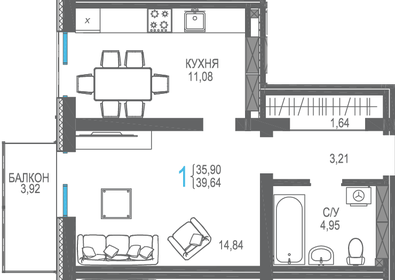 Квартира 39,6 м², 1-комнатная - изображение 1