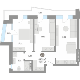 Квартира 60,6 м², 2-комнатная - изображение 1