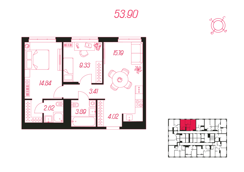 53,9 м², 2-комнатная квартира 6 627 358 ₽ - изображение 35