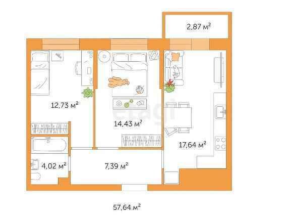 57,6 м², 2-комнатная квартира 5 700 000 ₽ - изображение 1