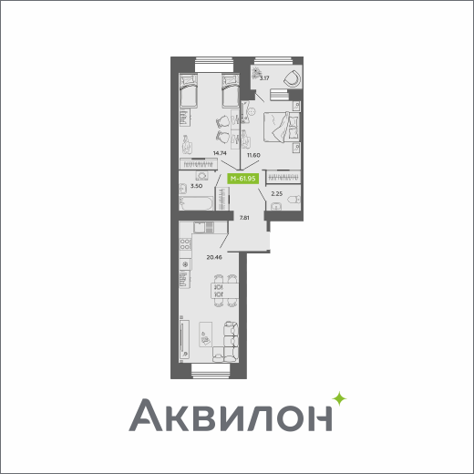 62 м², 2-комнатная квартира 9 048 133 ₽ - изображение 1