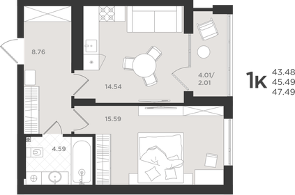 Квартира 45,5 м², 1-комнатная - изображение 1