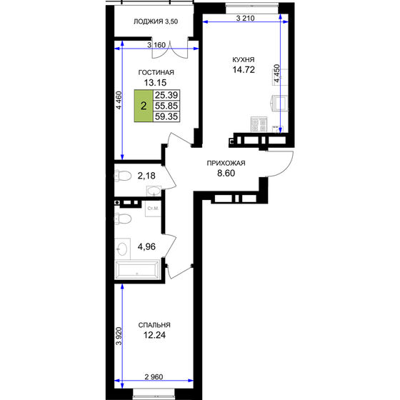 59,4 м², 2-комнатная квартира 11 665 836 ₽ - изображение 1