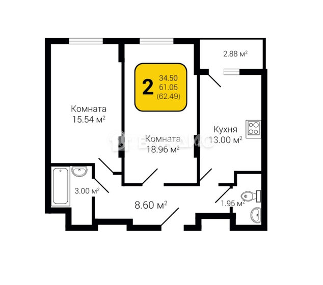 62,5 м², 2-комнатная квартира 5 874 000 ₽ - изображение 1