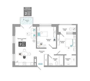 Квартира 58,4 м², 2-комнатная - изображение 1