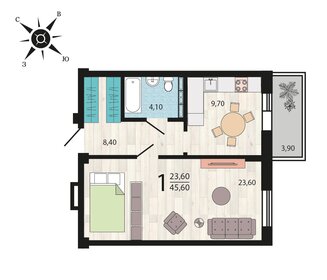 Квартира 45,4 м², 1-комнатная - изображение 1