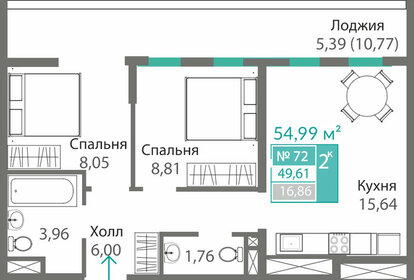 Квартира 49,6 м², 2-комнатная - изображение 1