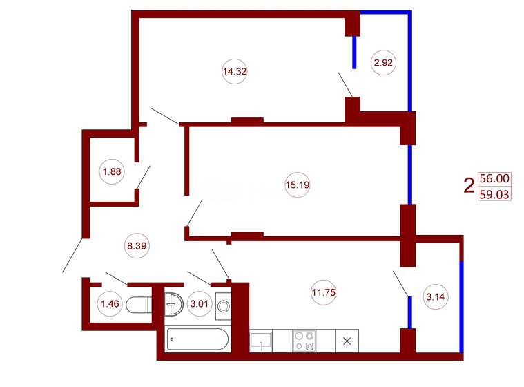 59 м², 2-комнатная квартира 5 194 640 ₽ - изображение 7