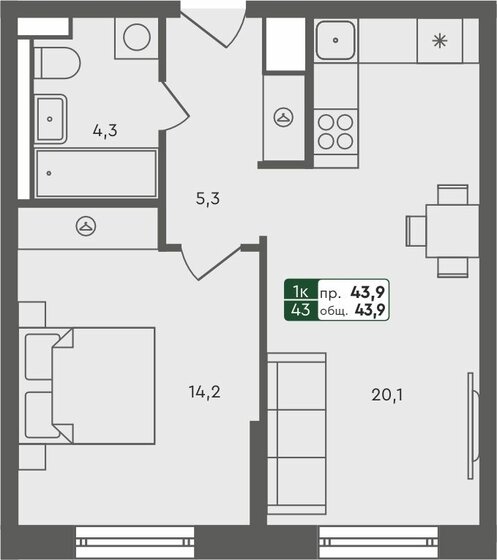 43,9 м², 1-комнатная квартира 5 000 000 ₽ - изображение 1