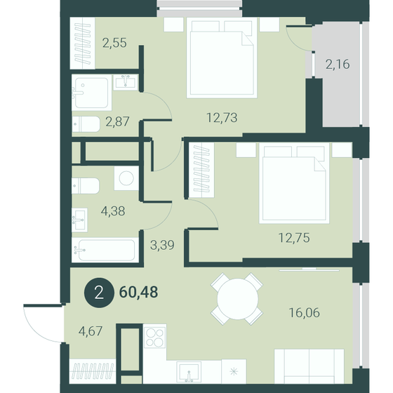 60,5 м², 2-комнатная квартира 7 250 000 ₽ - изображение 1