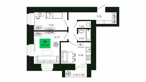 Квартира 48,2 м², 2-комнатная - изображение 1