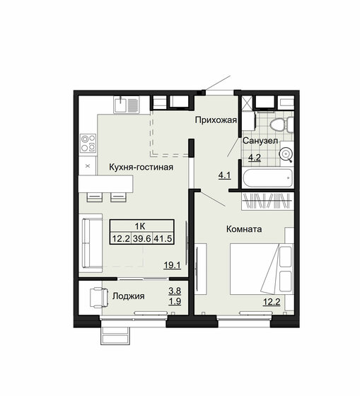 41,5 м², 1-комнатная квартира 3 735 000 ₽ - изображение 1