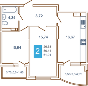 Квартира 62,8 м², 2-комнатная - изображение 1