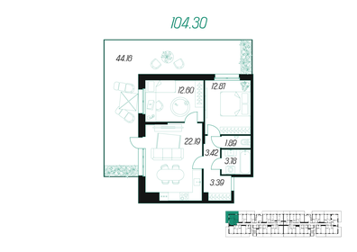 Квартира 104,3 м², 2-комнатная - изображение 1