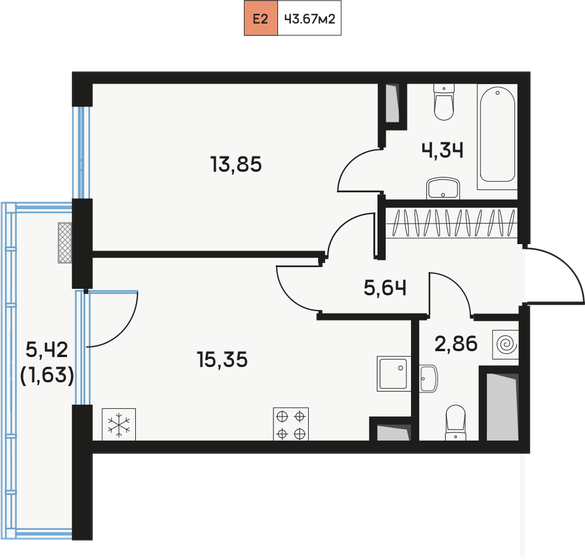 43,7 м², 1-комнатная квартира 16 012 175 ₽ - изображение 1