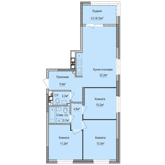 76,6 м², 3-комнатная квартира 6 350 000 ₽ - изображение 1