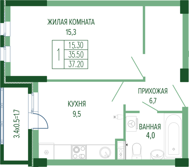 37,2 м², 1-комнатная квартира 8 237 940 ₽ - изображение 1