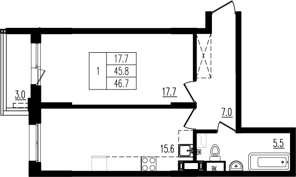 46,7 м², 1-комнатная квартира 7 830 423 ₽ - изображение 1